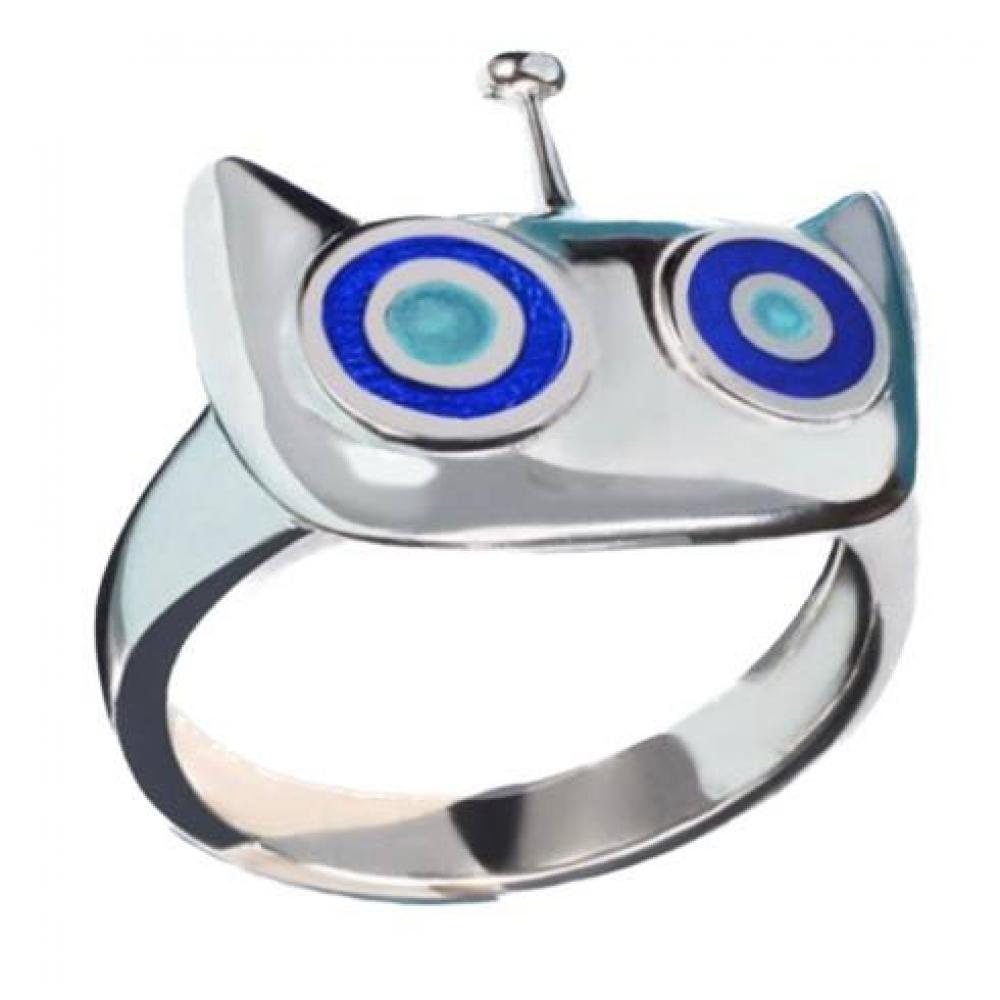 Кольцо серебряное с родиевым покрытием на фалангу и необычным котиком